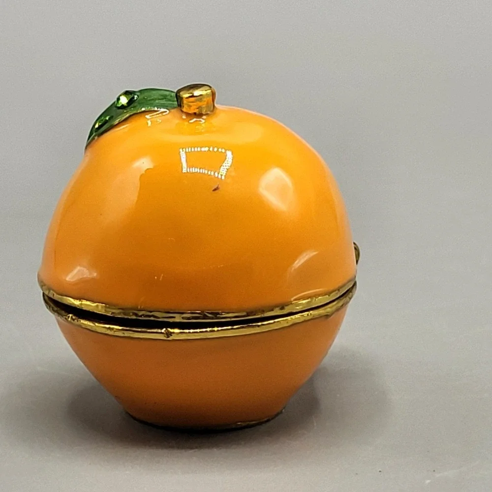Work of Art Trinket Box Small Enameled Fruit Citrus Orange Home Shelf Decor